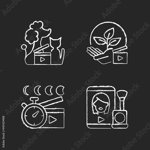 Video online chalk white icons set on dark background. Pet animal footage. Environmental awareness. Time lapse shooting. Beauty vlog. Videography. Isolated vector chalkboard illustrations on black