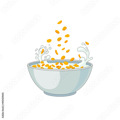 Vector cereal bowl, Corn Flakes falling into a bowl isolated on white background, breakfast concept.
