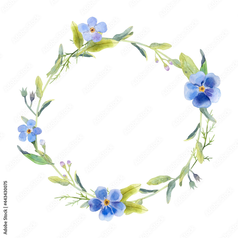 Fototapeta premium Watercolor botanical wreath with blue flowers and herbs on white background.
