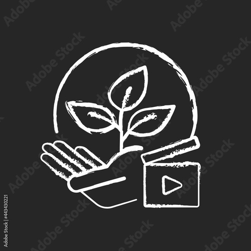 Environmental awareness videos chalk white icon on dark background. Shooting footage for green activism campaign. Film on ecology for video vlog. Isolated vector chalkboard illustration on black