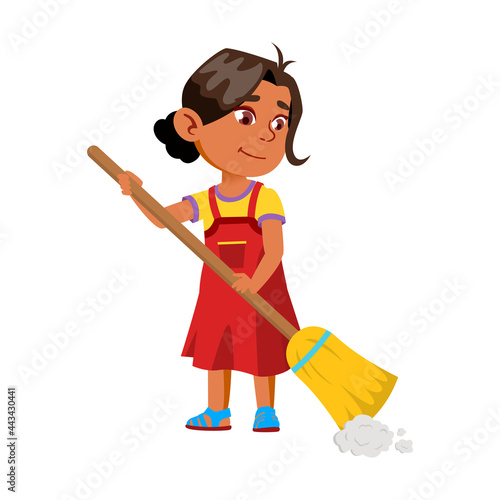 Girl Child Sweeping House Floor With Broom Vector. Smiling Indian Lady Kid Sweep And Clean Home With Broom. Character Infant Housekeeping Routine And Cleaning Flat Cartoon Illustration