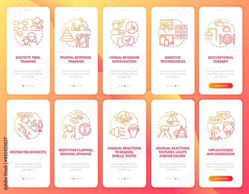 Autism behavior correction onboarding mobile app page screens set. Unusual reactions walkthrough 5 steps graphic instructions with concepts. UI, UX, GUI vector template with linear color illustrations