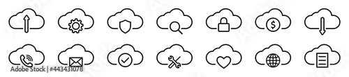 Set of cloud icons. Hosting symbols. Download, archive. Storage icons. Internet technology. Vector illustration.