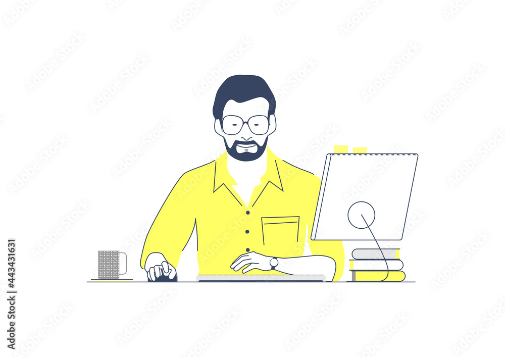 Office work concept. Man with glasses working at the computer. Limited colour flat vector illustration.