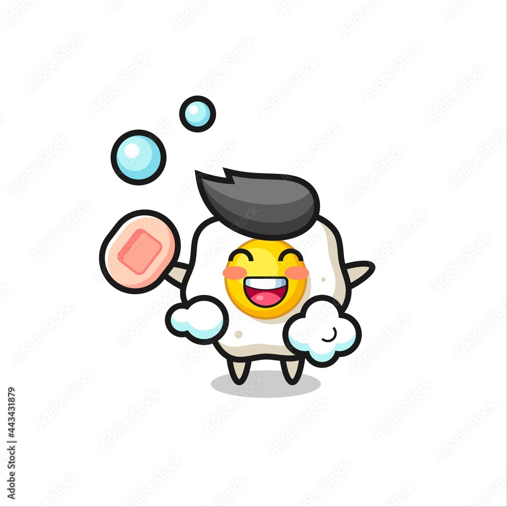fried egg character is bathing while holding soap fried egg character is bathing while holding soap