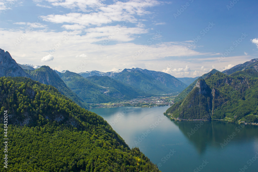 Traunsee lake with Alps seen from hill Kleiner Schonberg. Austria landscape. Austria