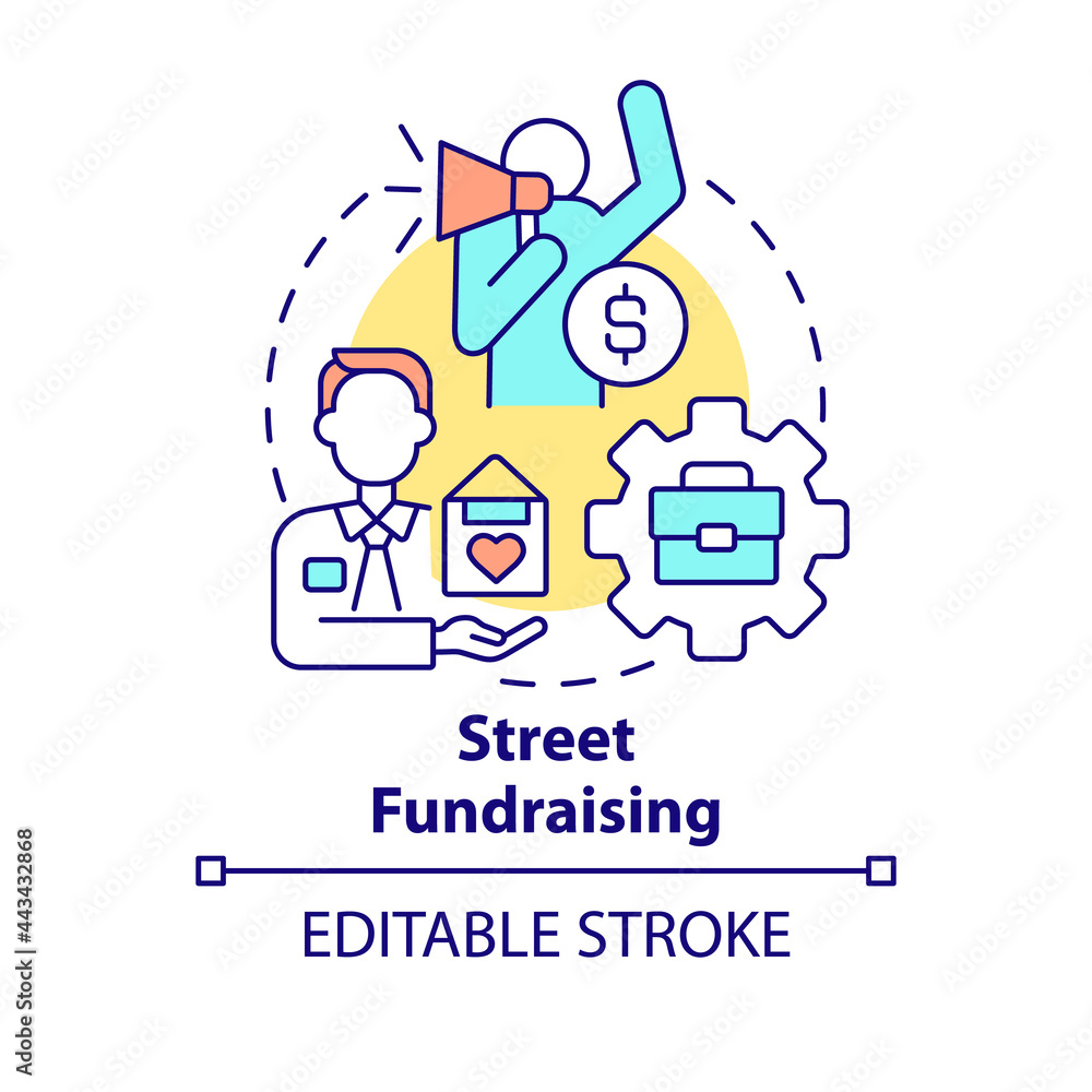 Street fundraising concept icon. Charity event abstract idea thin line illustration. Asking for donations. Interaction with potential donors. Vector isolated outline color drawing. Editable stroke Street fundraising concept icon. Charity event abstract idea thin line illustration. Asking for donations. Interaction with potential donors. Vector isolated outline color drawing. Editable stroke