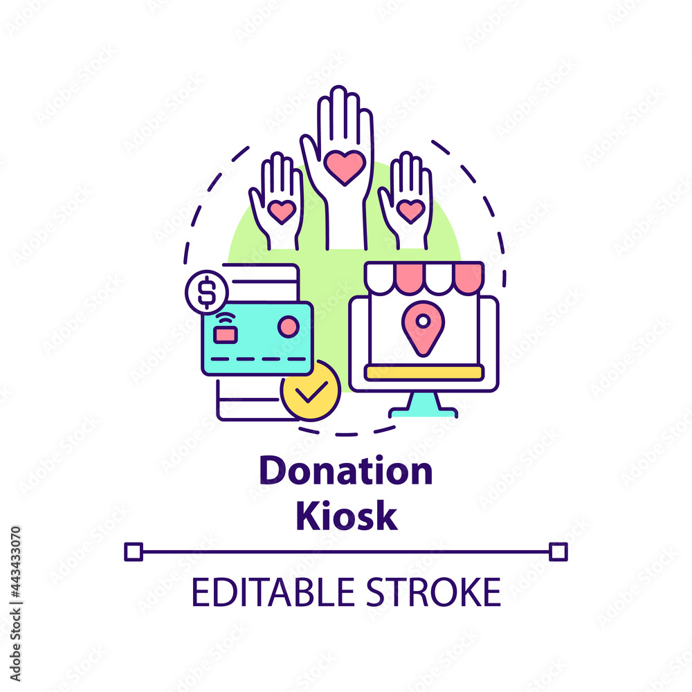 Donation kiosk concept icon. Fundraising event abstract idea thin line illustration. Collecting gifts from supporters. Support organizations. Vector isolated outline color drawing. Editable stroke