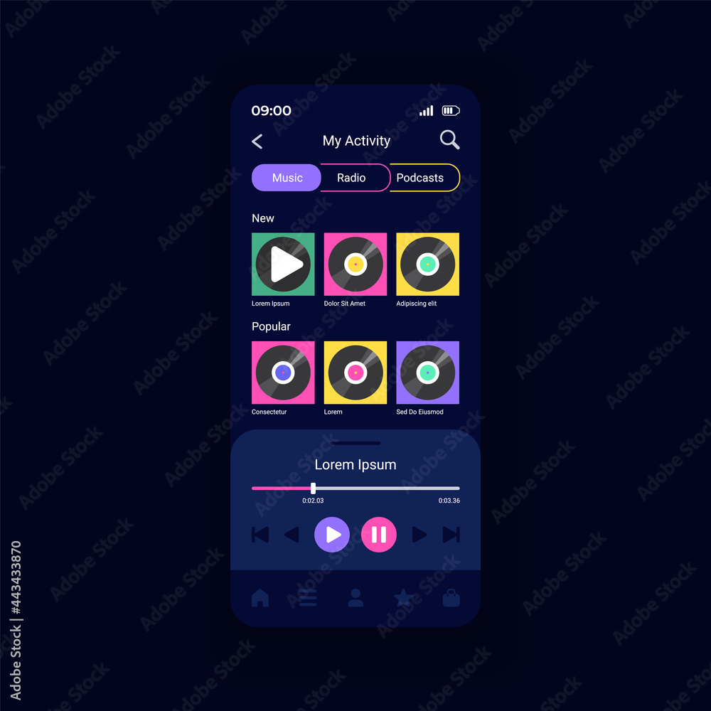 Playing songs and podcasts smartphone interface vector template. Streaming live radio stations. Mobile app page design layout. Music playlists screen. Flat UI for application. Phone display Playing songs and podcasts smartphone interface vector template. Streaming live radio stations. Mobile app page design layout. Music playlists screen. Flat UI for application. Phone display