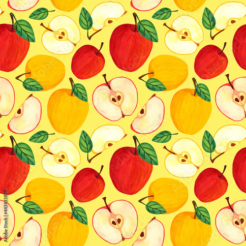 Red and yellow apple fruit with leaves and seeds, whole and slice. Fresh garden fruit watercolor seamless pattern. Summer harvest illustration for print design, invitation, card, wallpaper.