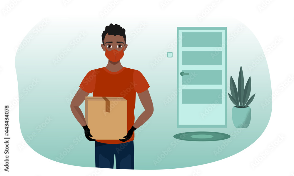 The courier is holding a box. A courier wearing a mask and gloves. They protect against Covid-19. Secure delivery service. Stay at home. Flat cartoon vector illustration.