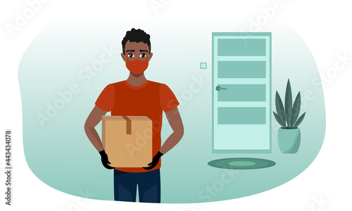 The courier is holding a box. A courier wearing a mask and gloves. They protect against Covid-19. Secure delivery service. Stay at home. Flat cartoon vector illustration.