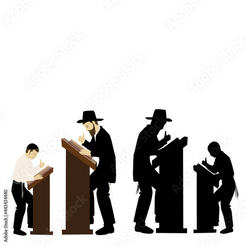 Torah study, silhouette and clipart drawing of a father and son studying Torah. Two ultra Orthodox Jewish figures, observant of Torah, rely on standards. The two swing their thumbs while studying. 