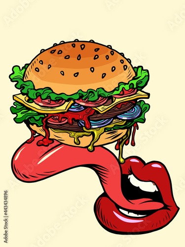 pop art mouth and tongue with burger. food and street restaurants