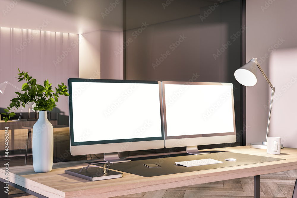 Modern office interior with desk top, blank white computer monitors and other items. Mock up, 3D Rendering. Modern office interior with desk top, blank white computer monitors and other items. Mock up, 3D Rendering.