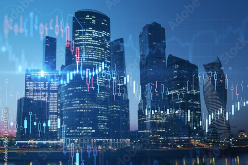Night city background with glowing forex graph and skyline. Market growth and stock concept. Double exposure.