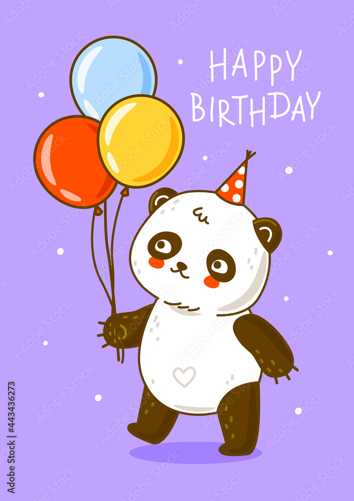 Cute panda bear with balloons on purple background - cartoon character for happy Birthday design