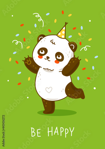 Cute panda bear with confetti on green background - cartoon character for happy Birrthday design photo