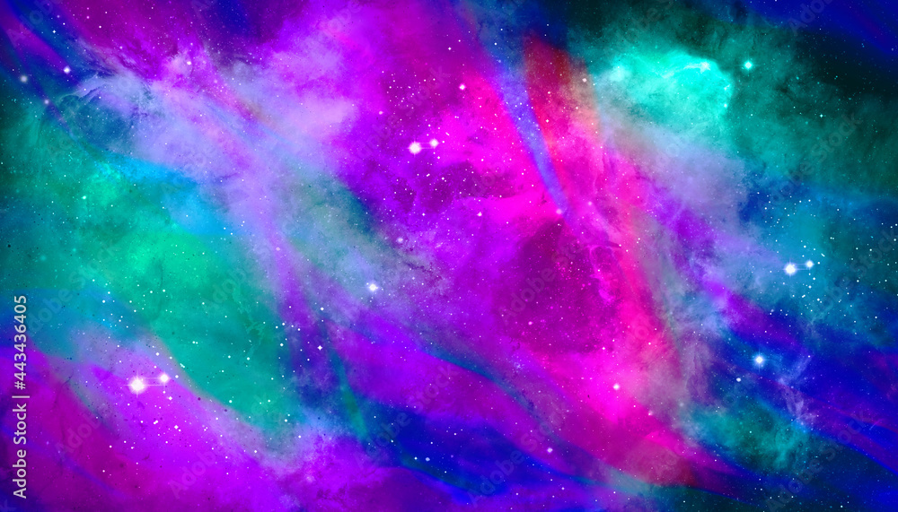 medium dark starry Space with shining stars stardust and blue green pink nebula galaxy with milky way and planet background