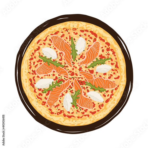 Vector illustration of hand drawn pizza. Tasty Italian pizza topped with tomato sauce, cheese, salmon fillet slices, cream cheese and arugula.