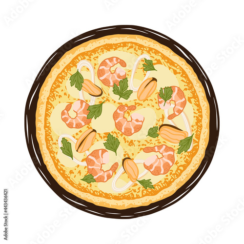 Vector illustration of hand drawn Seafood pizza. Tasty Italian pizza topped with mozzarella cheese, prawns,  calamari, mussels and parsley.