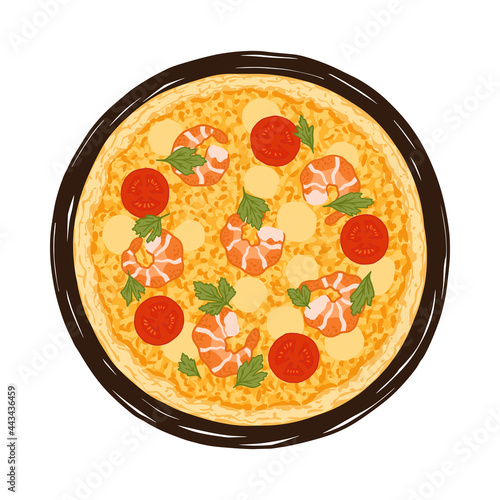 Vector illustration of hand drawn prawn pizza. Tasty Italian pizza topped with mozzarella cheese, garlic prawns, cherry tomatoes and parsley.