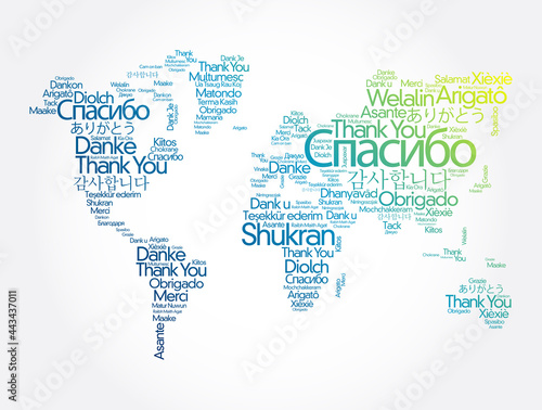 Fototapeta Naklejka Na Ścianę i Meble -  Thank You in many languages World Map in Typography word cloud, multilingual for education or thanksgiving day