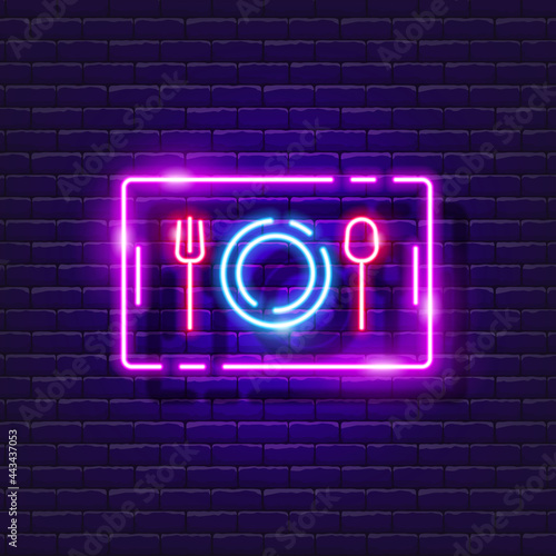 Tray with plate and cutlery neon sign. Food in the school cafeteria glowing icon. Vector illustration for design. Fast food concept.