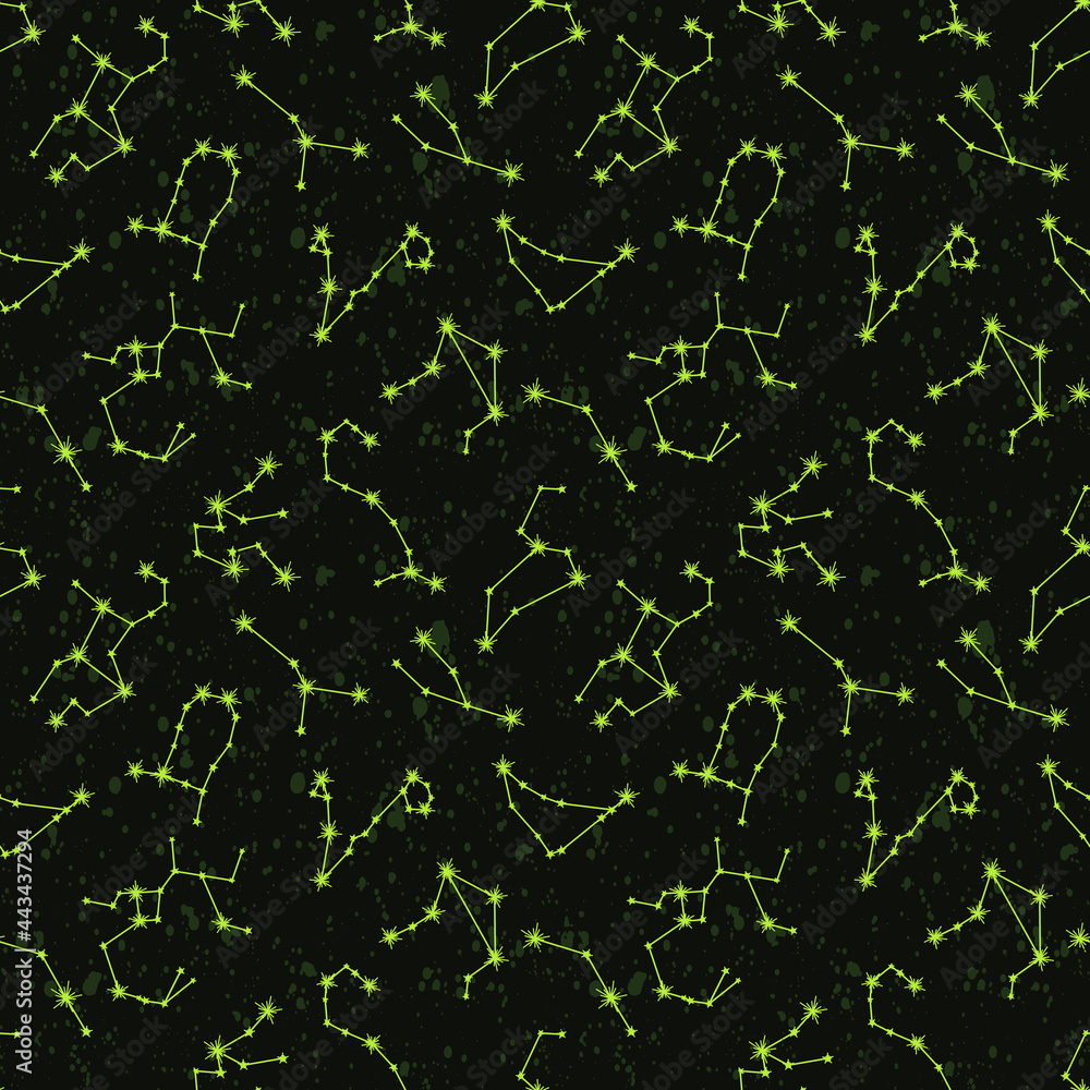 Star constellation seamless pattern. Dark green space textured vector background with stars. All twelve zodiac constellations for print design, fabric, cover, wallpaper, pajama design, t-shirt. EPS10