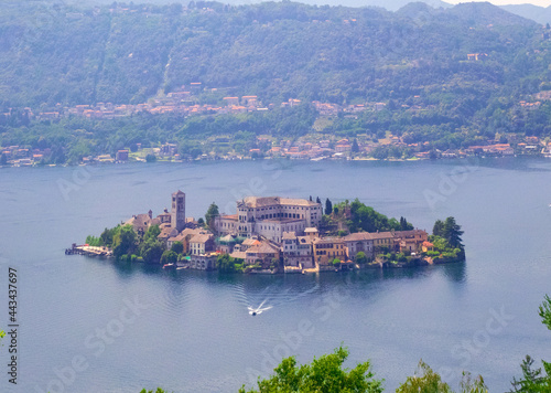 aerial view of San Giulio island in the middle of Orta lake.Piedmont,Italy.