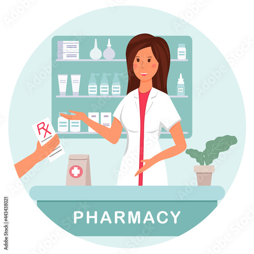 A pharmacist at a pharmacy dispenses a prescription medication to a client.