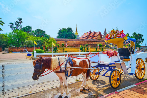 The horse-drawn carriage in front of fortified Wat Phra That Lampang Luang Temple, Lampang, Thailand