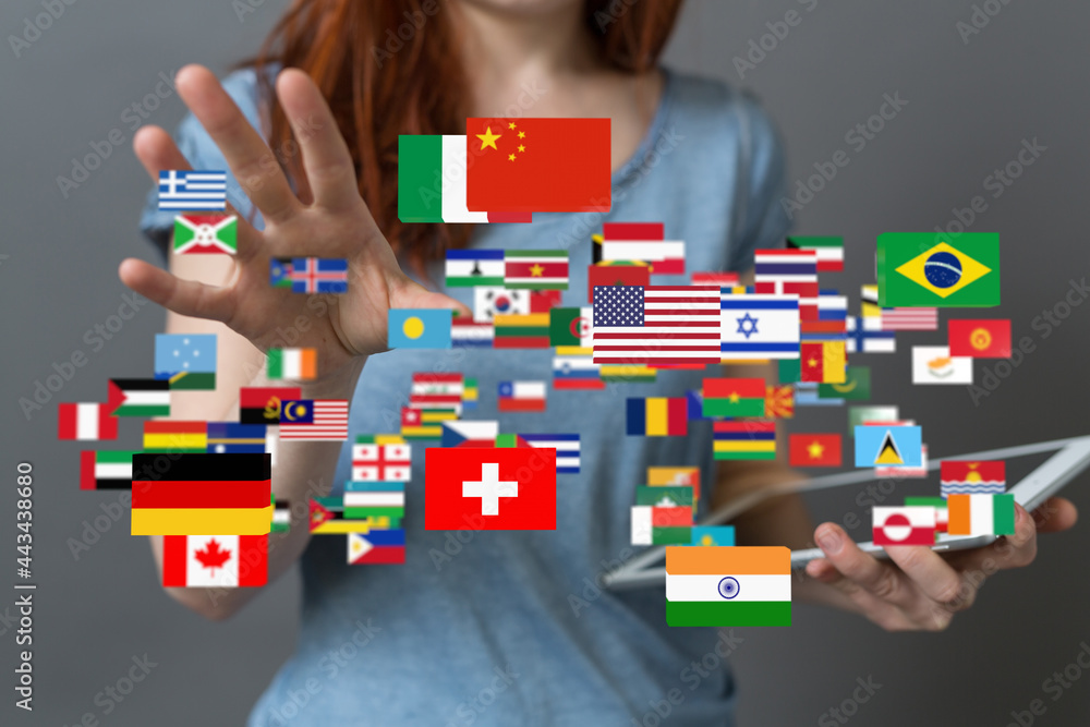 Global communication and international messaging concept, national flags of world Global communication and international messaging concept, national flags of world