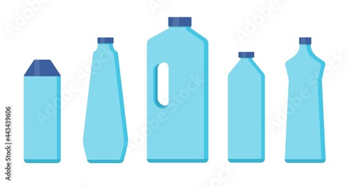 Set of five bottles of household cleaning products in the flat style. Vector illustration.