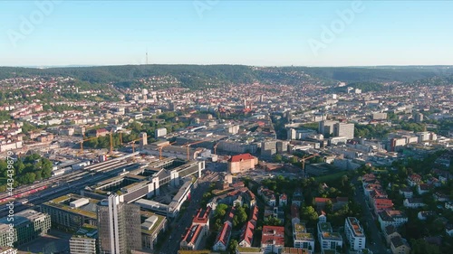 Stuttgart: Aerial view of city in Germany at sunset, center of city with mixture of modern and historic buildings - landscape panorama of Europe from above photo