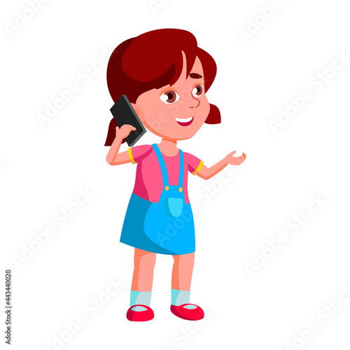 Girl Kid Calling And Talking On Smartphone Vector. Caucasian Preteen Schoolgirl Call And Talk On Smartphone. Character Infant Communication On Electronic Gadget Flat Cartoon Illustration