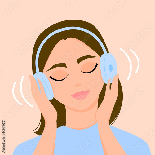 The girl listens to music on headphones with her eyes closed. Calm, meditation. Vector illustration.