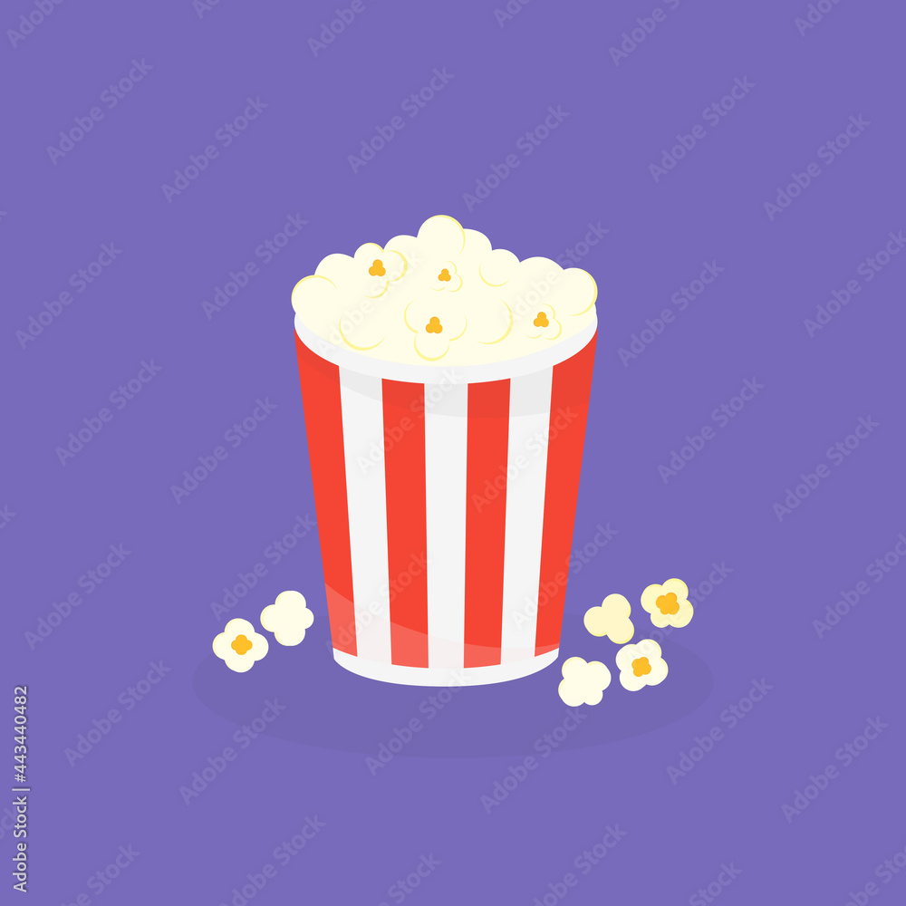 This is a cup of popcorn on purple background.