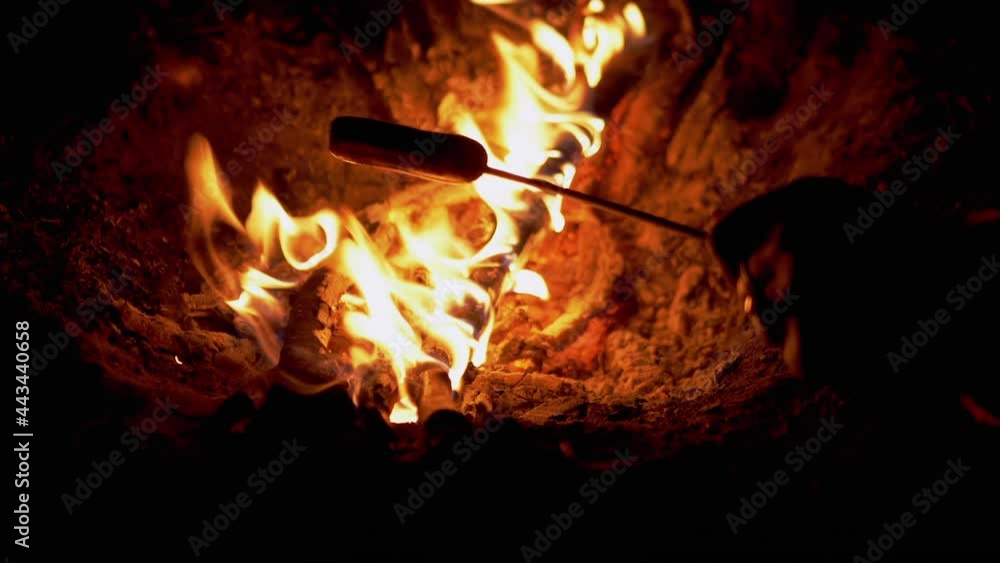 Hungry Woman Grills Sausages on Wooden Skewers, Siting by Night Bonfire. A bright flame with smoke from a fire in forest. Dry branches burn in open fire. Rest in nature. Tourism. Camping. Zoom. Hungry Woman Grills Sausages on Wooden Skewers, Siting by Night Bonfire. A bright flame with smoke from a fire in forest. Dry branches burn in open fire. Rest in nature. Tourism. Camping. Zoom.