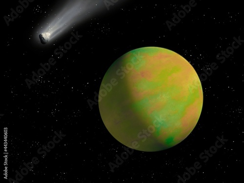 Planet with a solid surface in space with stars and comet. Planet with an atmosphere and a comet with a tail 3d illustration.  © Nazarii