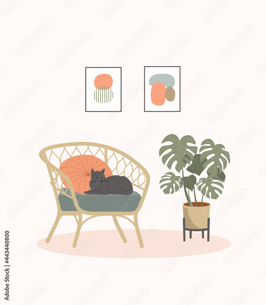 Fototapeta premium Comfortable chair with cat, paintings and house plants. Scandinavian interior. Vector flat cartoon illustration