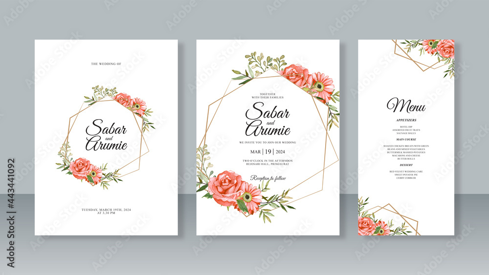Set templates wedding card invitation with Floral watercolor painting and geometric border