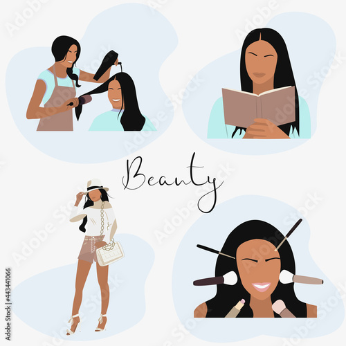 A fashionable girl does her hair and makeup.