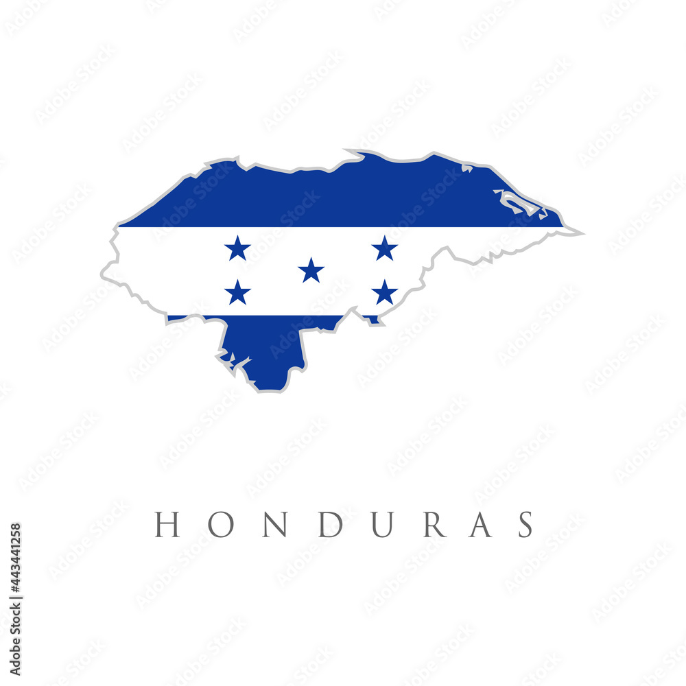 Obraz premium Country shape outlined and filled with the flag of Honduras. Flag of the Republic of Honduras overlaid on outline map isolated on white background