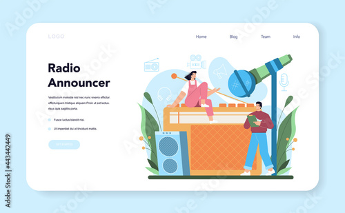 Announcer web banner or landing page. TV presenter, radio host in studio.