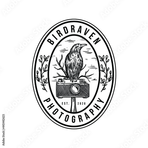 Animal Raven With Camera And Tree Branch Wooden Drawing Logo Vintage Emblem Retro Badge Vector Illustration Template Icon Design