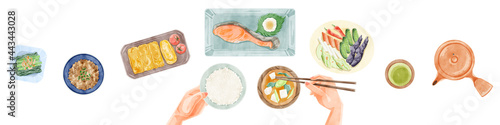 日本の朝食（和食）手描き水彩風イラスト