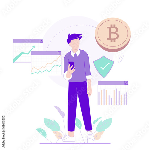 Character on trading charts and bitcoin background 