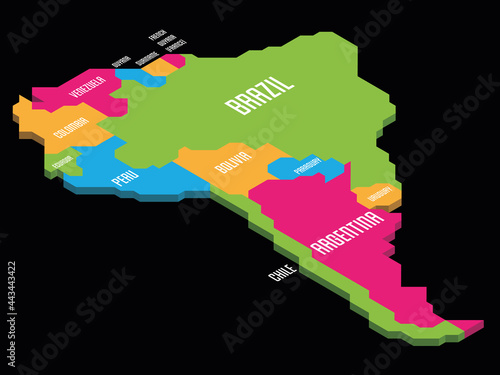 Isometric political map of South America. Colorful land with country name labels on white background. 3D vector illustration