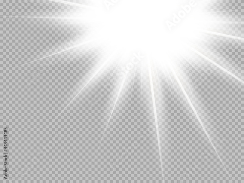 White glowing light burst explosion with transparent. Vector illustration for cool effect decoration with ray sparkles. Bright star. Transparent shine gradient glitter, bright flare. Glare texture.